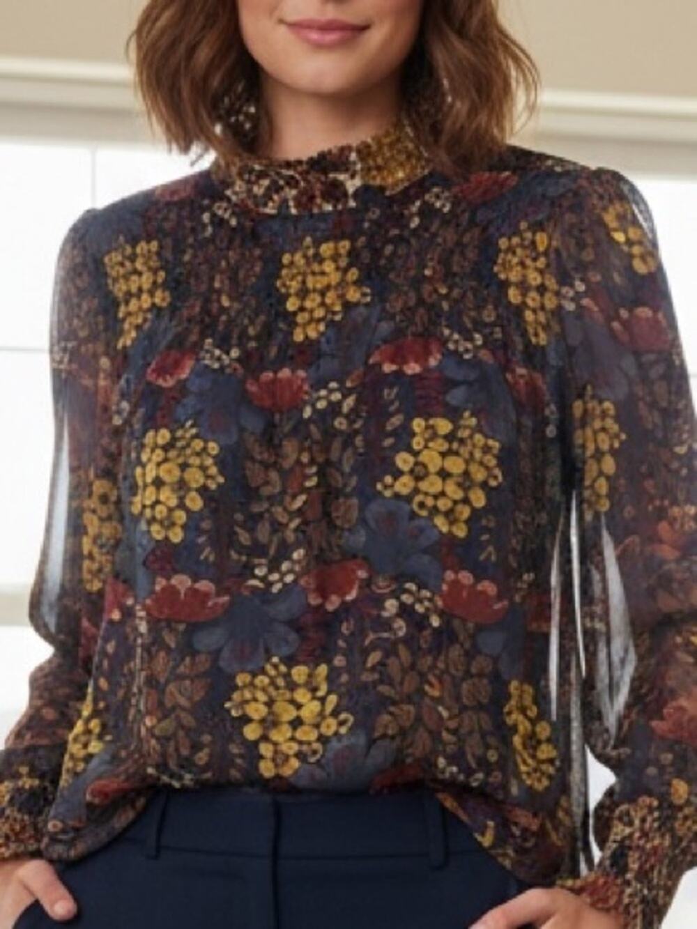 Zara Sheer Smocked Floral Mock Neck Blouse in Navy and Mustard XS